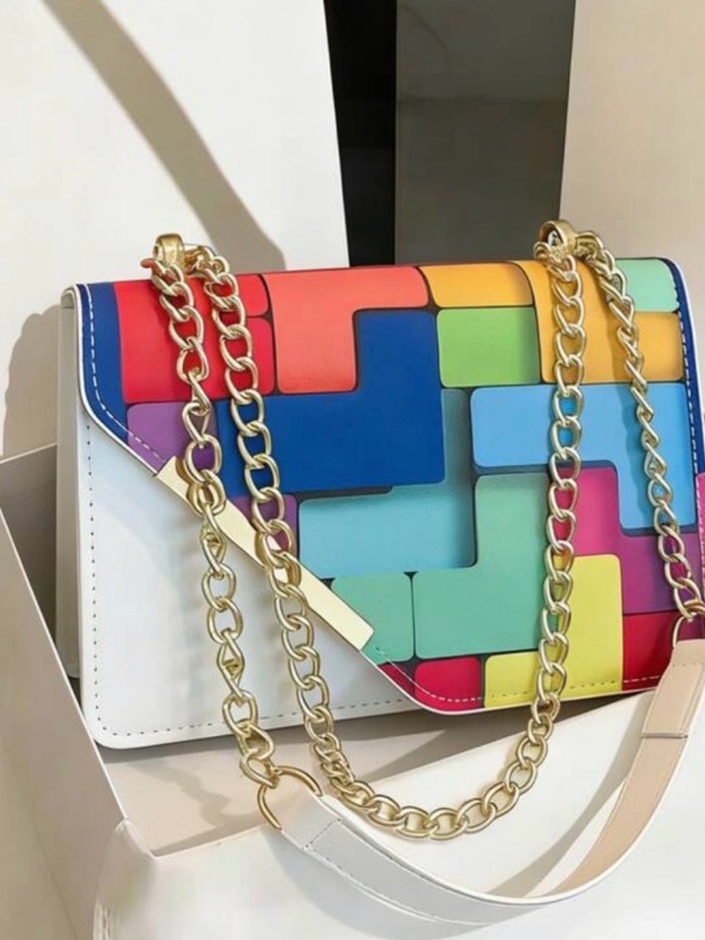 Multicolor Geometric Chain-Handle Shoulder Bag